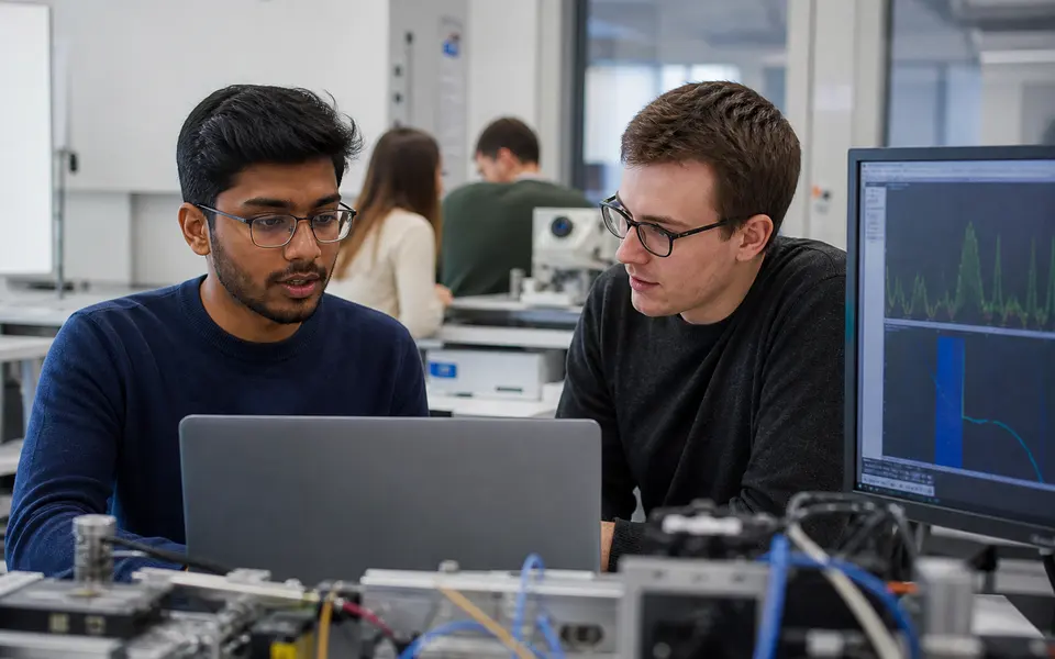Indian student working alongside international colleagues in a modern European research lab.
