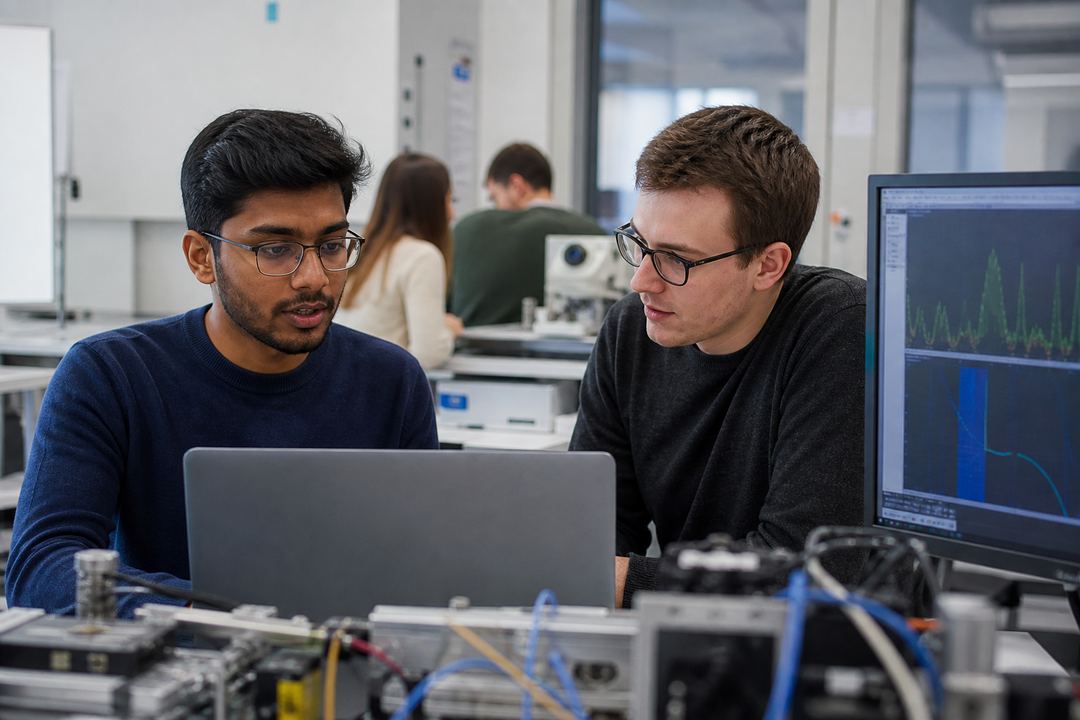 Indian student working alongside international colleagues in a modern European research lab.