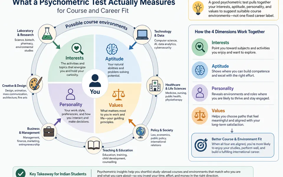 Diagram showing four main components of a career psychometric test—interests, aptitude, personality, and values—feeding into course and career fit.