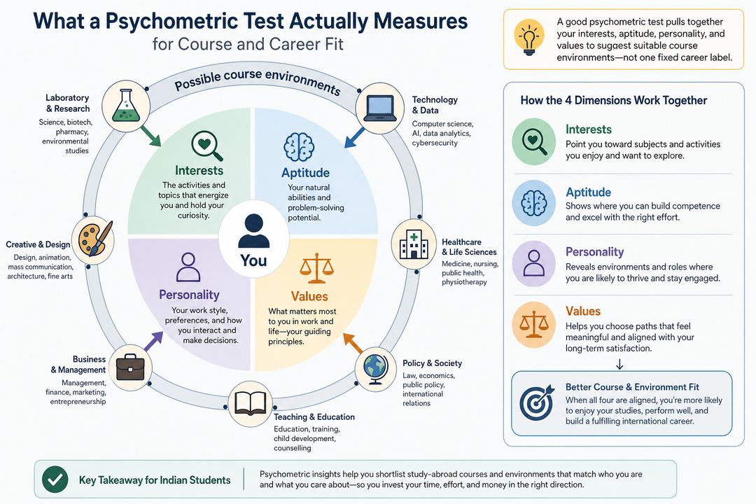 Diagram showing four main components of a career psychometric test—interests, aptitude, personality, and values—feeding into course and career fit.