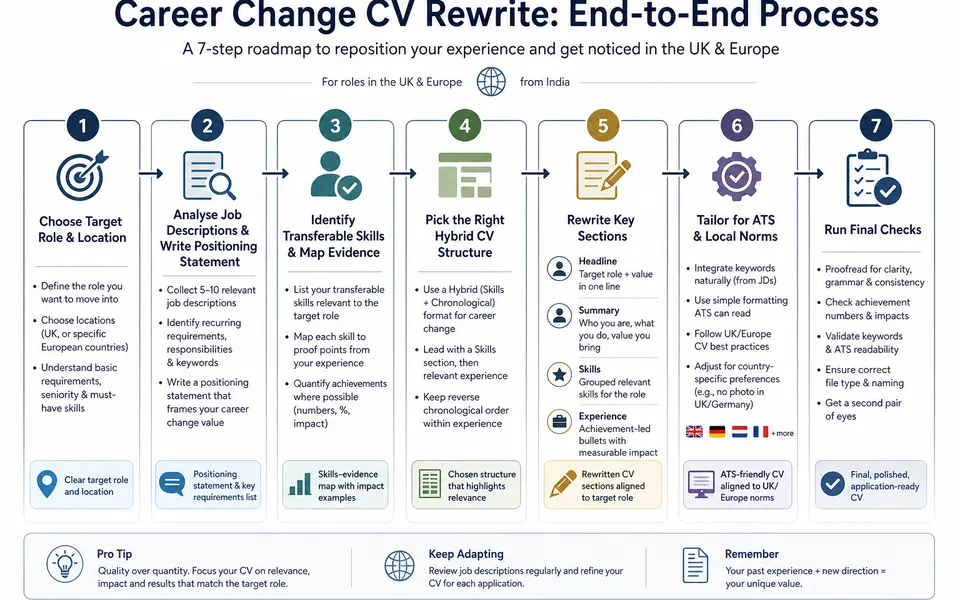 Flowchart showing the steps to rewrite a resume for a career change, from choosing a target role through mapping skills, picking a format, rewriting sections, and tailoring for ATS and location