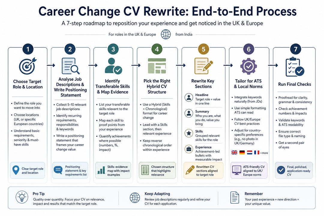 Flowchart showing the steps to rewrite a resume for a career change, from choosing a target role through mapping skills, picking a format, rewriting sections, and tailoring for ATS and location