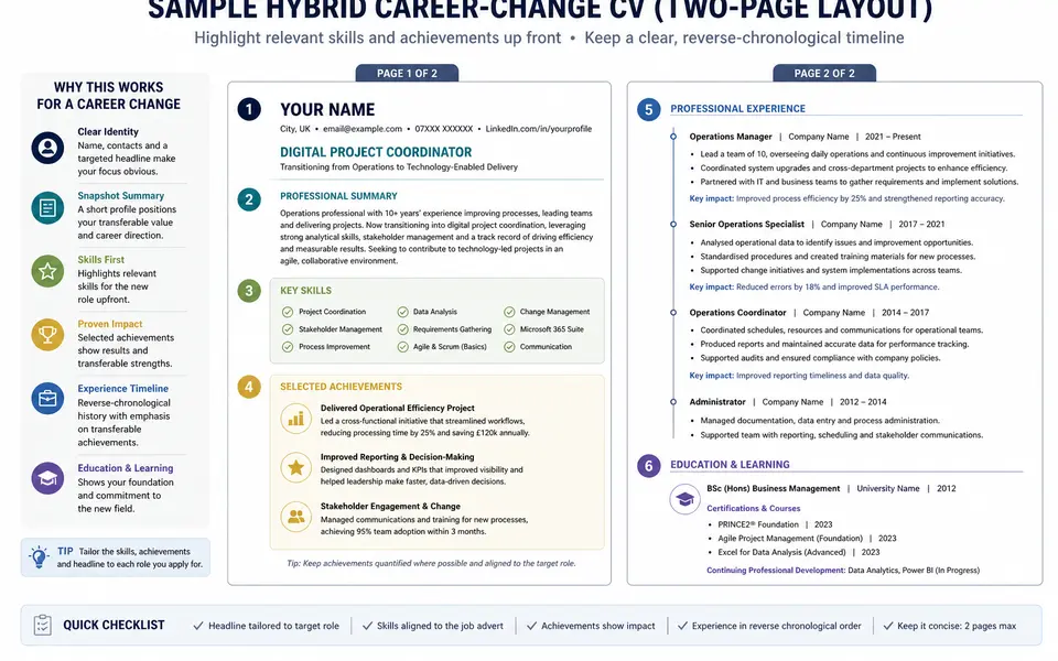 Diagram of a hybrid career-change CV layout highlighting summary, skills, selected achievements, and work history sections