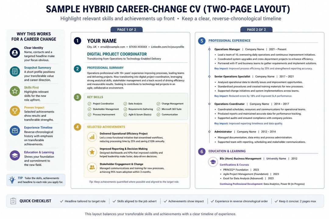 Diagram of a hybrid career-change CV layout highlighting summary, skills, selected achievements, and work history sections