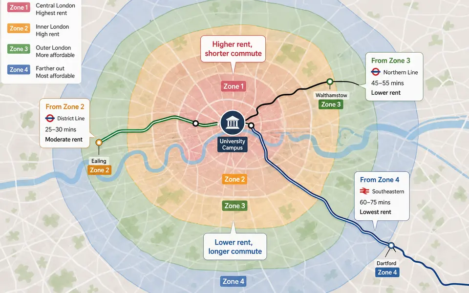 Stylised map of London showing central Zones 1–2 and outer Zones 3–4 with example student commute routes to a university campus.