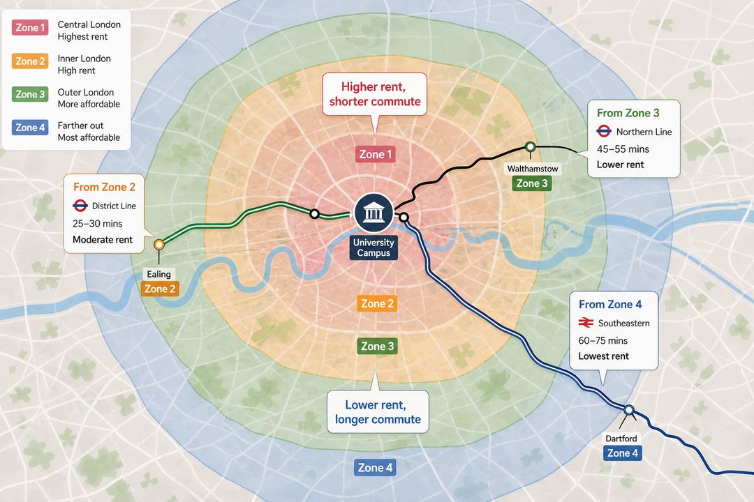 Stylised map of London showing central Zones 1–2 and outer Zones 3–4 with example student commute routes to a university campus.