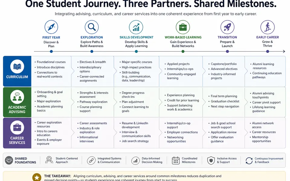 Diagram of an integrated student journey connecting curriculum, academic advising, and career services around shared milestones.
