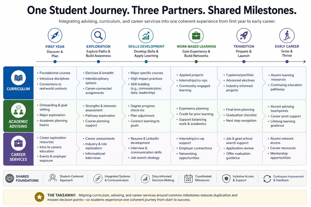 Diagram of an integrated student journey connecting curriculum, academic advising, and career services around shared milestones.
