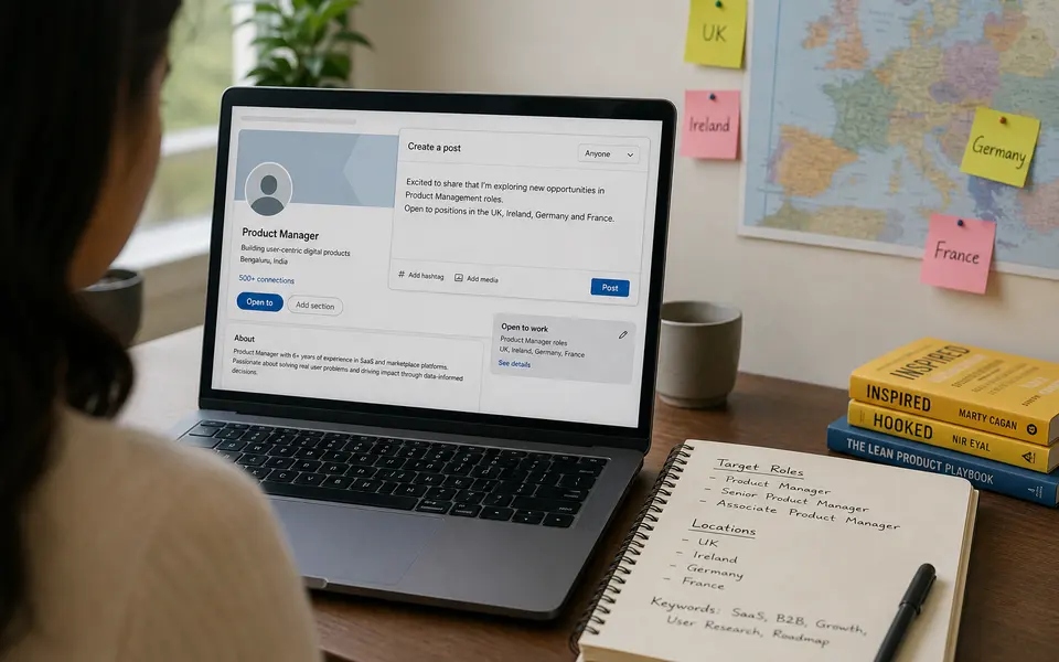 Young Indian professional reviewing a LinkedIn-style profile and composing a job-search post on a laptop.