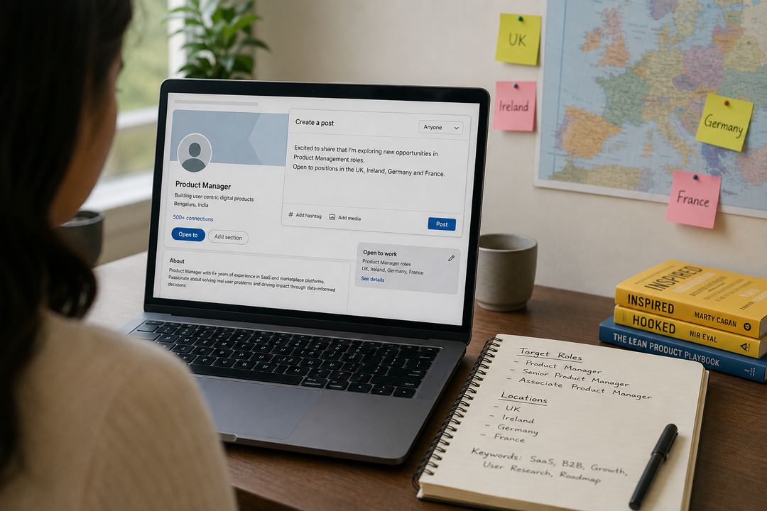 Young Indian professional reviewing a LinkedIn-style profile and composing a job-search post on a laptop.