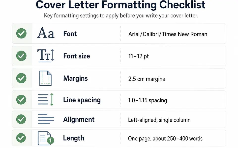 Infographic checklist showing recommended font choices, font sizes, margins, line spacing, alignment, and one-page length for a cover letter.