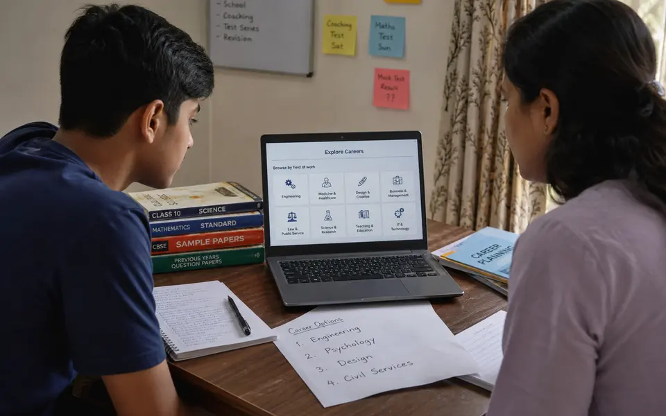 Indian school student and parent sitting at a table with a laptop open to a generic career website, comparing notes about career options.