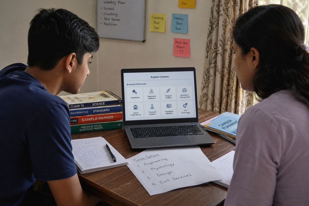 Indian school student and parent sitting at a table with a laptop open to a generic career website, comparing notes about career options.