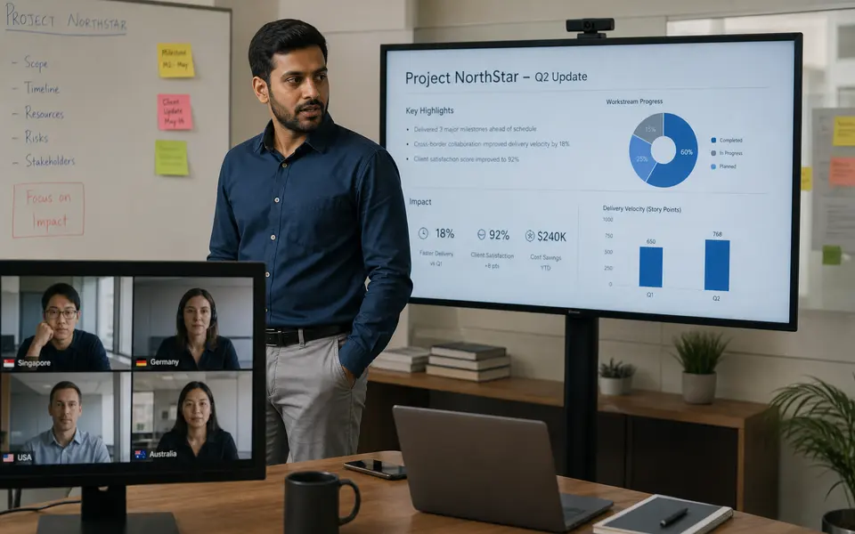 Indian professional leading a virtual meeting with colleagues from different countries, presenting results on a screen.