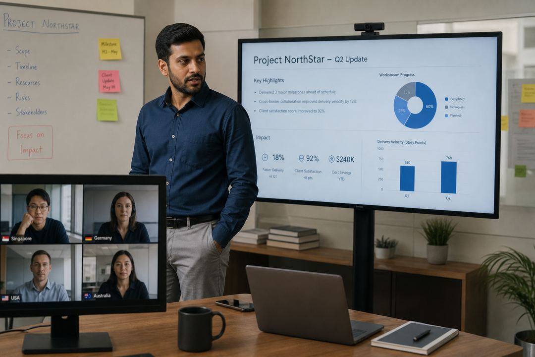 Indian professional leading a virtual meeting with colleagues from different countries, presenting results on a screen.