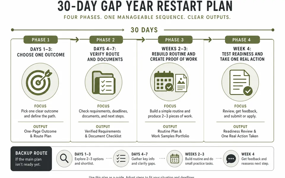 Thirty-day gap-year restart timeline covering route selection, requirement checks, routine building and a real readiness test.