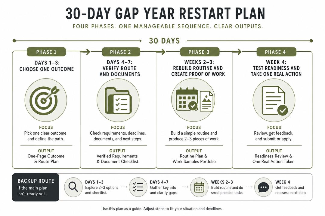 Thirty-day gap-year restart timeline covering route selection, requirement checks, routine building and a real readiness test.