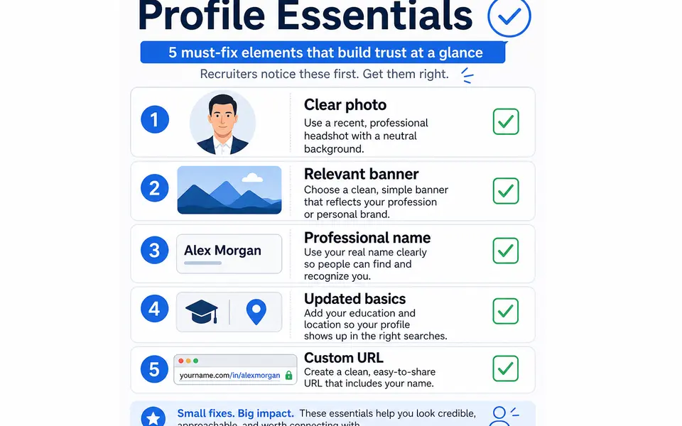Checklist-style graphic highlighting a professional photo, clean banner, clear name, up-to-date basic info, and a customised LinkedIn URL.