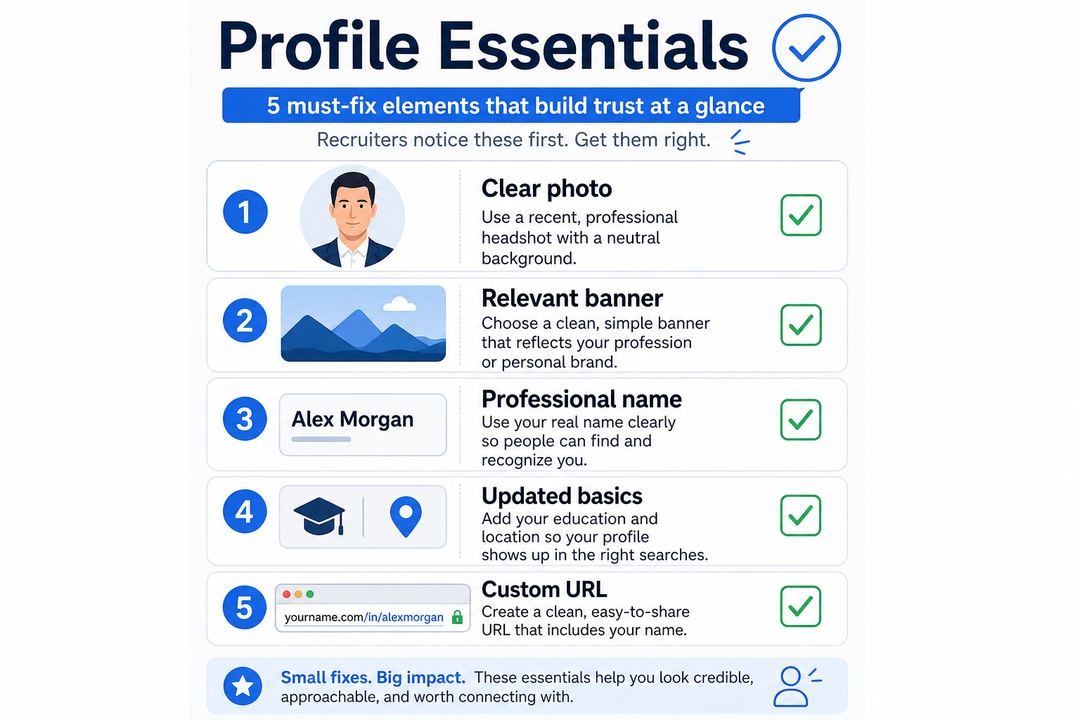Checklist-style graphic highlighting a professional photo, clean banner, clear name, up-to-date basic info, and a customised LinkedIn URL.