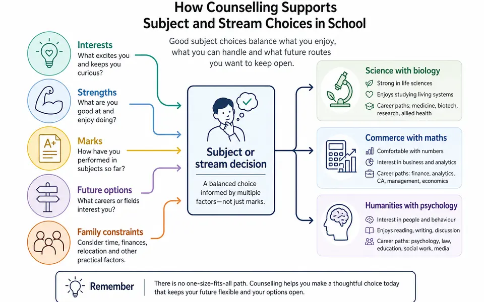 Diagram showing a student’s interests, strengths, exam results and future plans feeding into a balanced subject or stream choice.