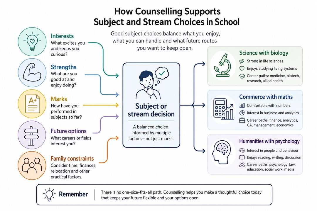 Diagram showing a student’s interests, strengths, exam results and future plans feeding into a balanced subject or stream choice.