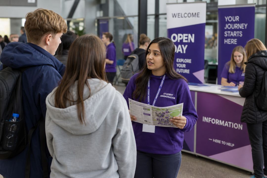 Indian student working as a student ambassador at a UK university open day, talking to visitors near an information desk.