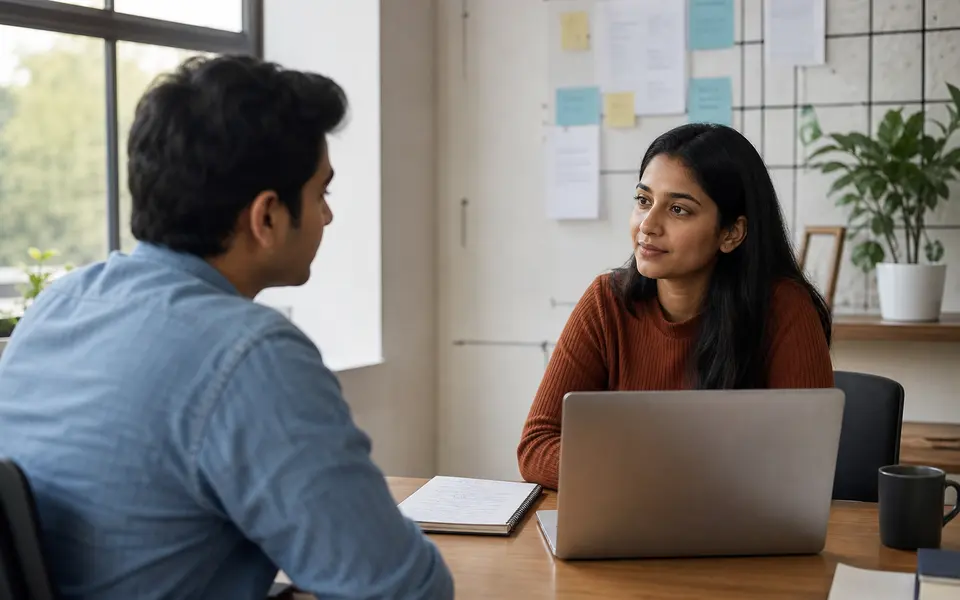 Young professional in India talking with a coach across a desk, with a laptop open and notes on the table.