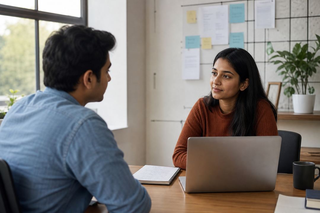 Young professional in India talking with a coach across a desk, with a laptop open and notes on the table.