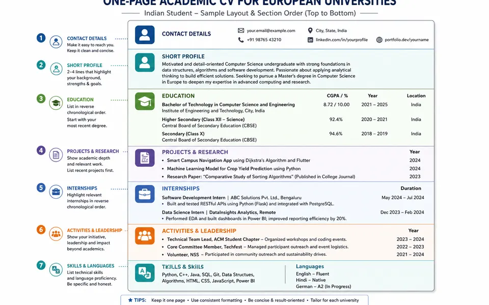 Sample one-page study-abroad CV layout for an Indian student, showing sections for contact details, profile, education, projects, internships, activities and skills arranged from top to bottom.