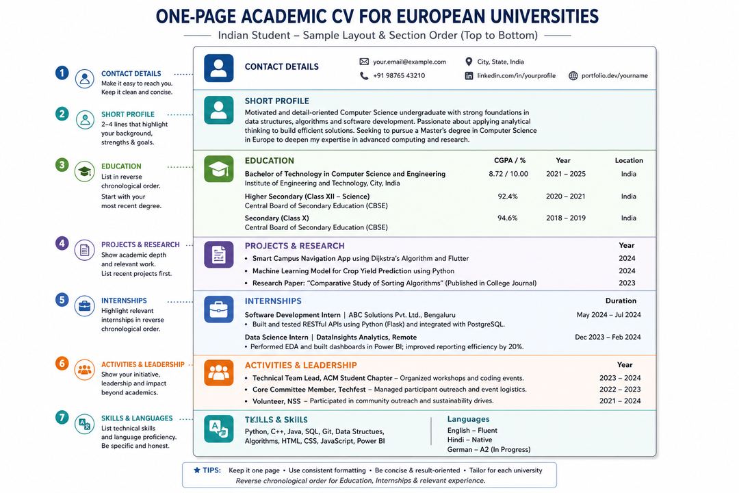 Sample one-page study-abroad CV layout for an Indian student, showing sections for contact details, profile, education, projects, internships, activities and skills arranged from top to bottom.