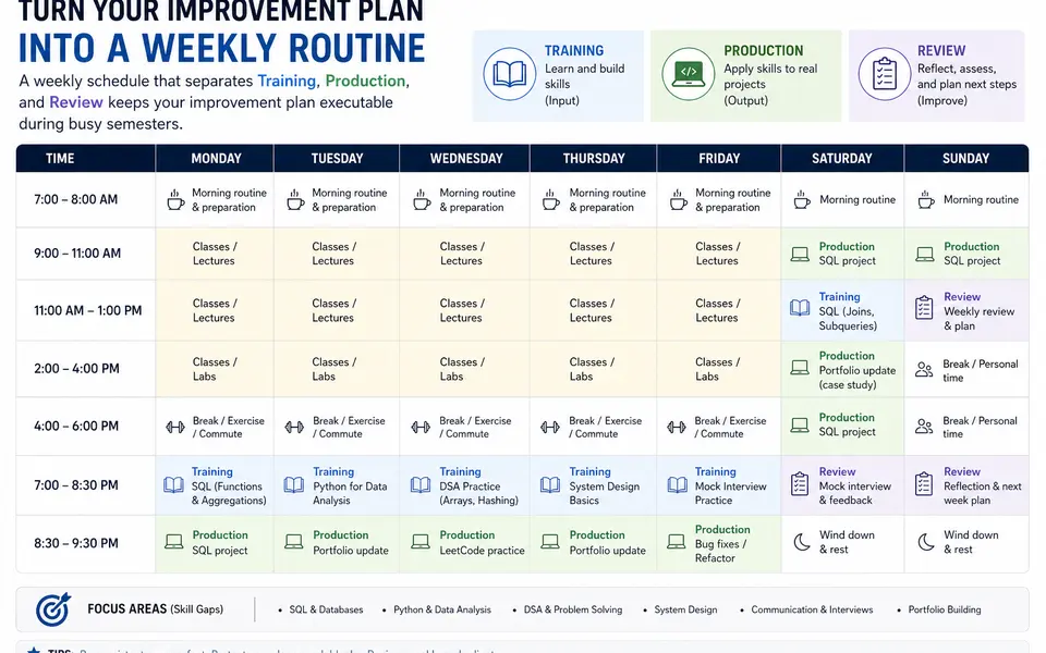 Weekly schedule for a student showing small blocks for training, production, and review tasks linked to skill gaps.