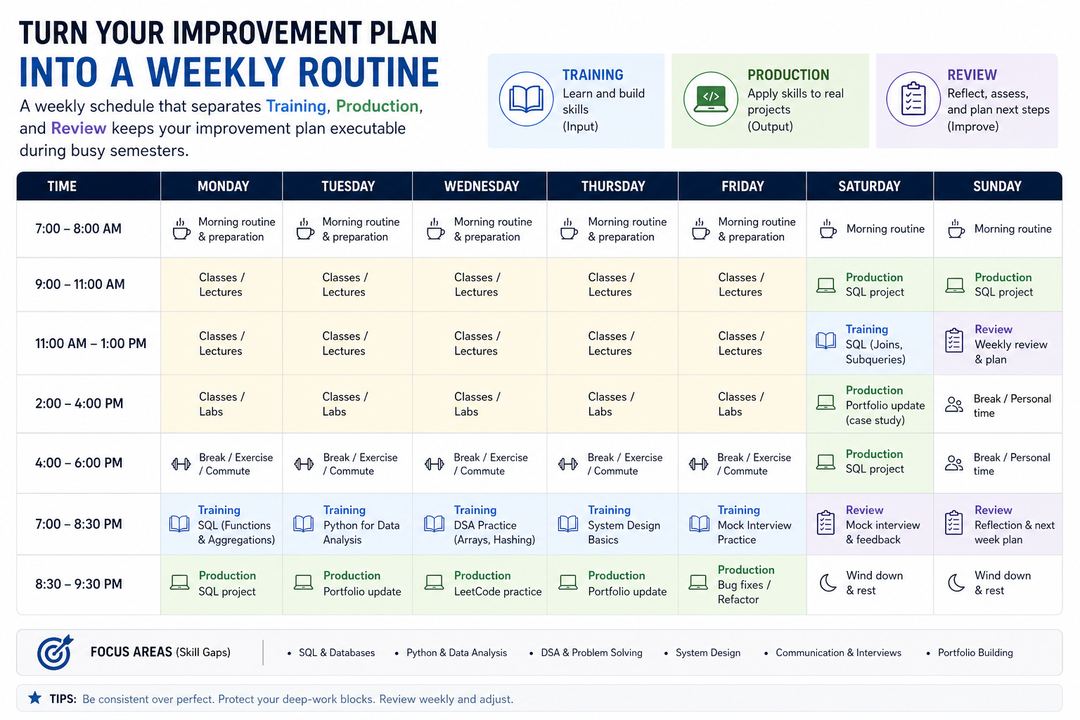 Weekly schedule for a student showing small blocks for training, production, and review tasks linked to skill gaps.