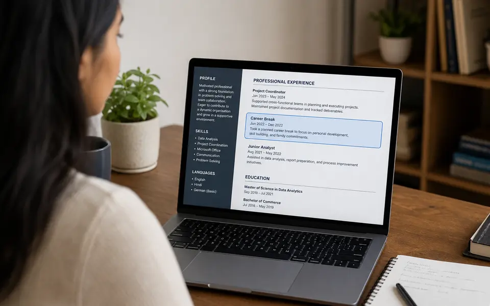 Job seeker in India editing a CV on a laptop, with a visible 'Career Break' entry highlighted.