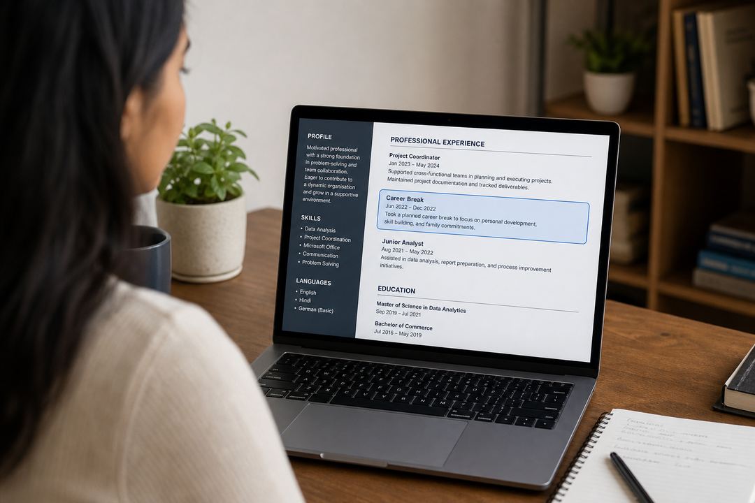 Job seeker in India editing a CV on a laptop, with a visible 'Career Break' entry highlighted.