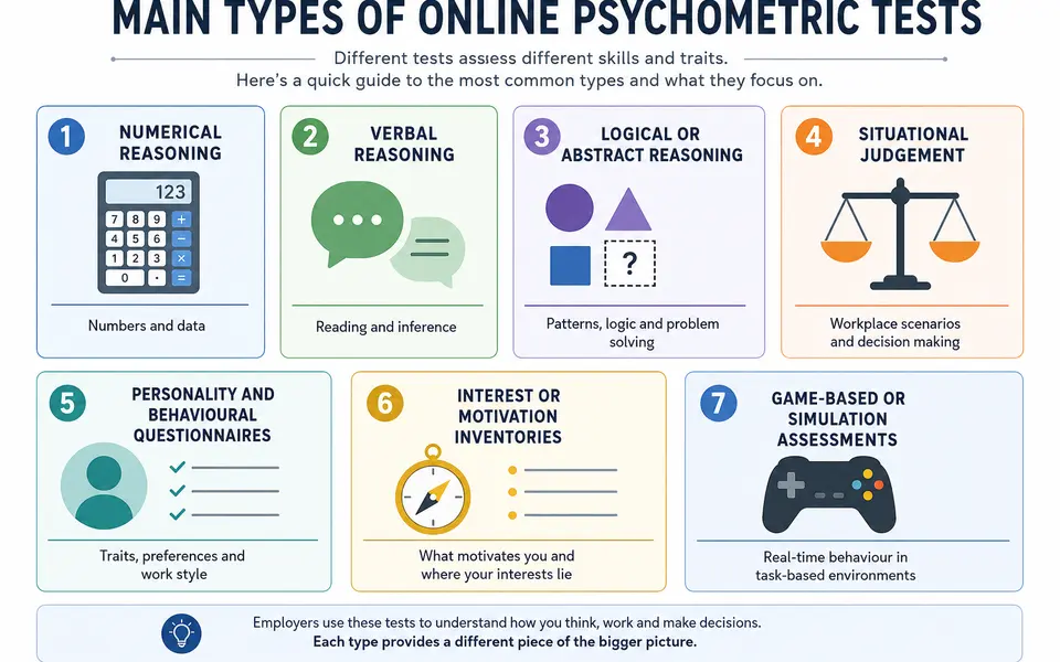 Infographic grouping online psychometric test types such as numerical, verbal, logical, situational judgement, personality and game-based assessments.