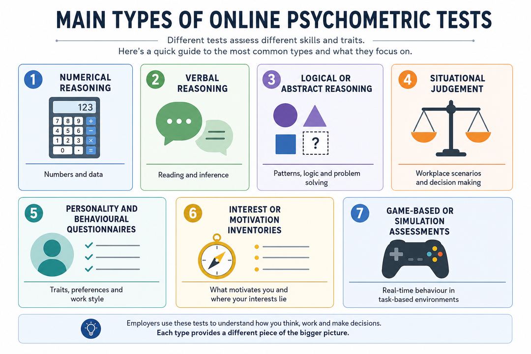 Infographic grouping online psychometric test types such as numerical, verbal, logical, situational judgement, personality and game-based assessments.