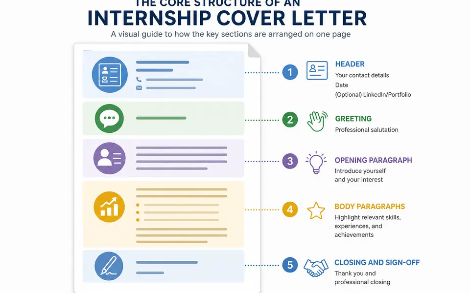 Vertical layout of a one-page internship cover letter with labelled sections for header, greeting, opening paragraph, body paragraphs, and closing.
