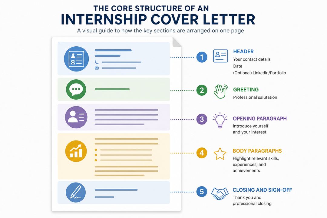 Vertical layout of a one-page internship cover letter with labelled sections for header, greeting, opening paragraph, body paragraphs, and closing.