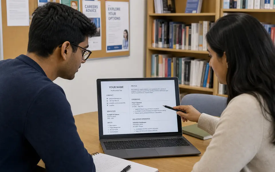 Student and careers adviser sitting together at a desk, reviewing a CV on a laptop screen.