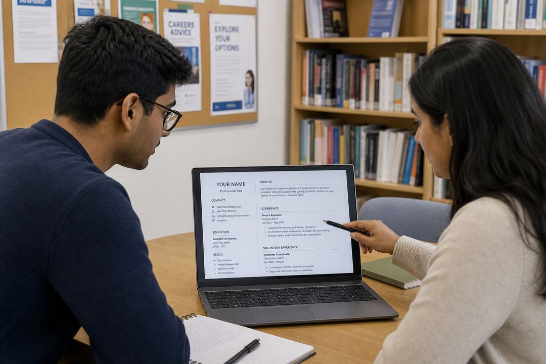 Student and careers adviser sitting together at a desk, reviewing a CV on a laptop screen.