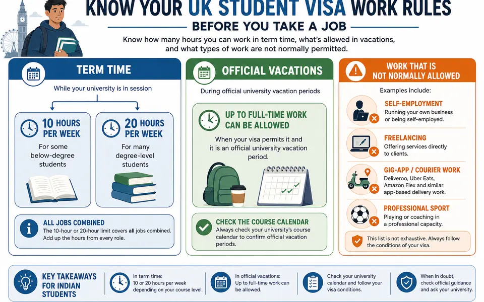 Overview of UK Student visa term-time work limits, vacation work and restricted job types presented in a simple chart.