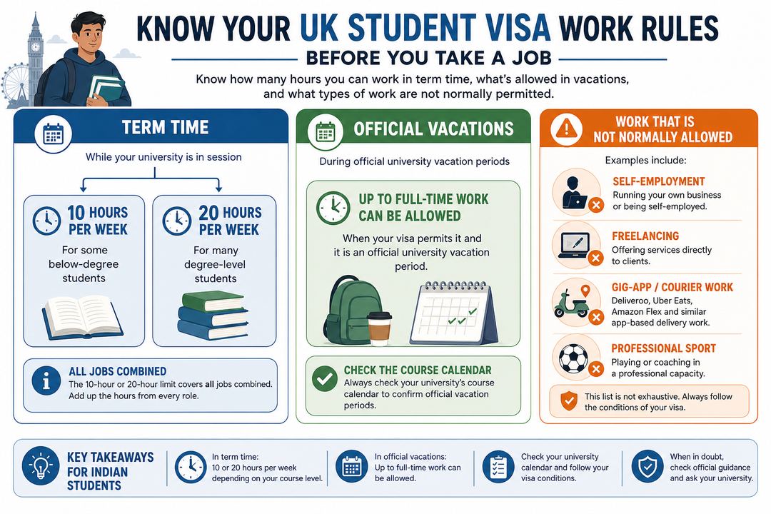 Overview of UK Student visa term-time work limits, vacation work and restricted job types presented in a simple chart.