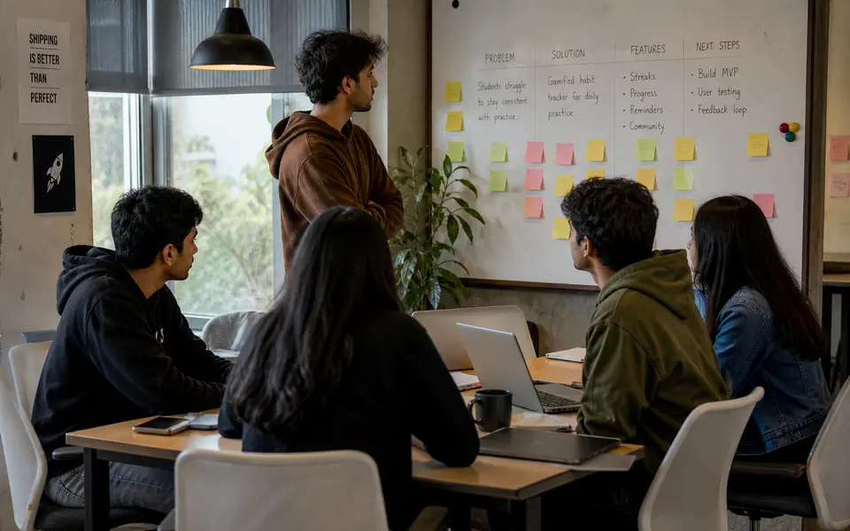 Small startup team of college-age interns working together with laptops and notes in a modern co-working space.