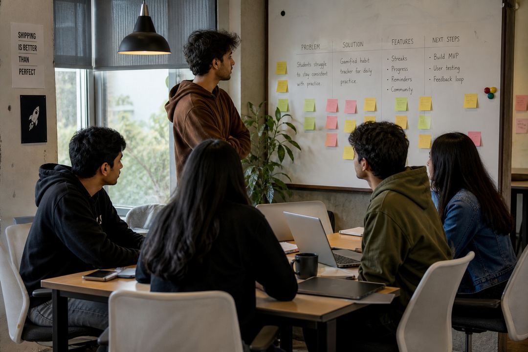 Small startup team of college-age interns working together with laptops and notes in a modern co-working space.