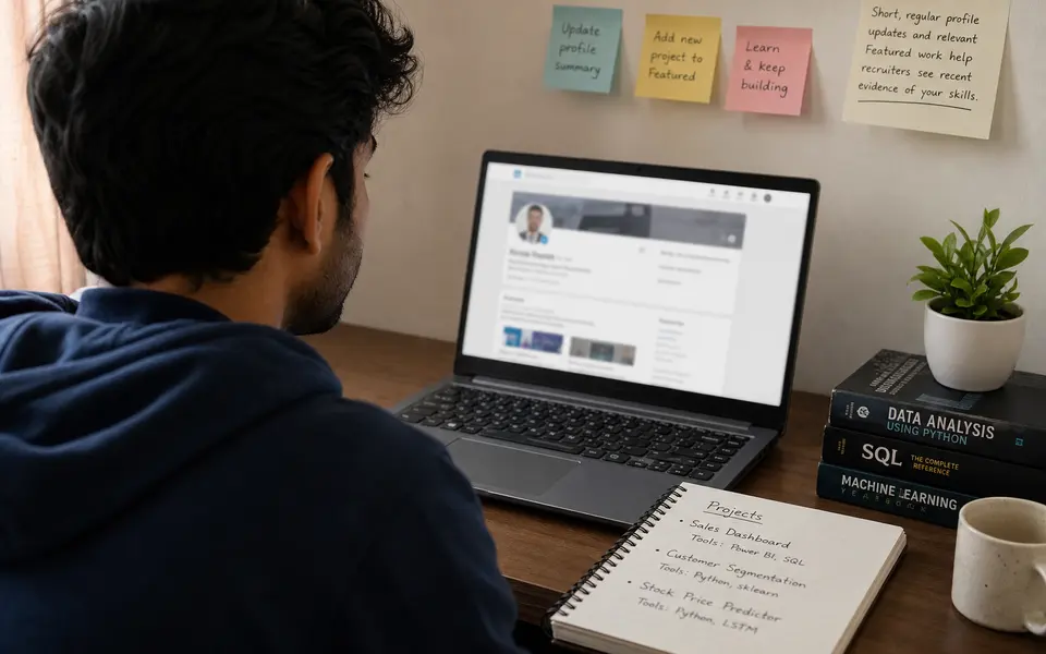 An Indian student or recent graduate sitting at a laptop, updating a LinkedIn profile and reviewing portfolio links, with a calm home or library setting in the background.