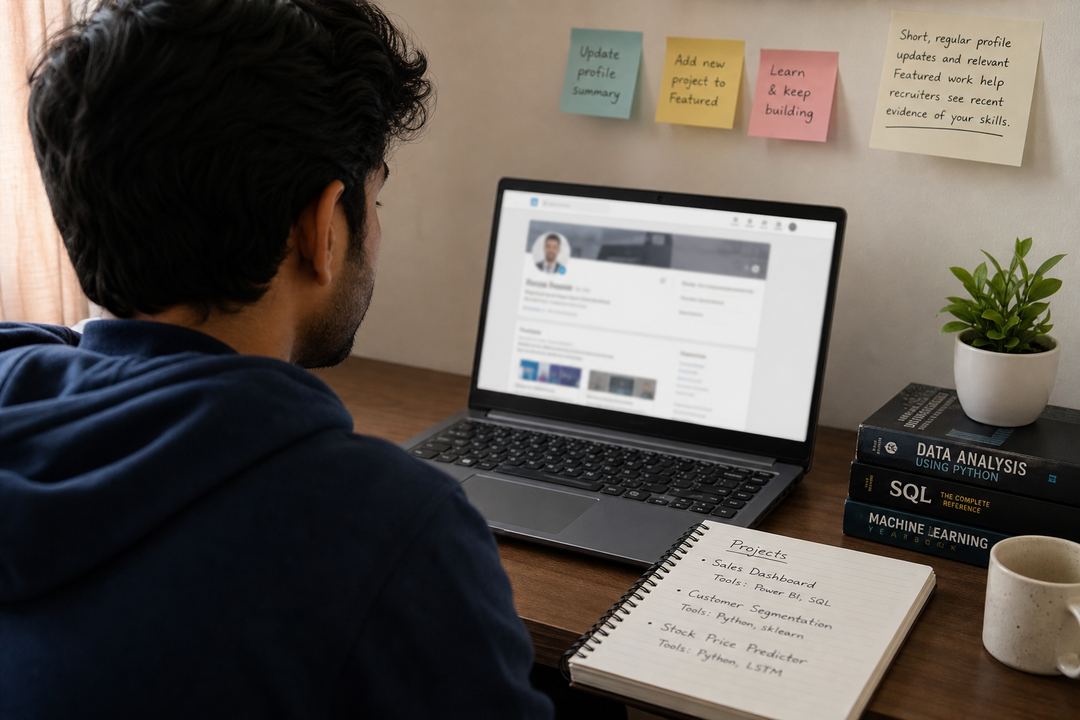 An Indian student or recent graduate sitting at a laptop, updating a LinkedIn profile and reviewing portfolio links, with a calm home or library setting in the background.