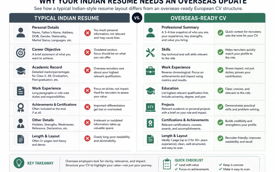 Two-column infographic comparing sections of a typical Indian resume with an overseas-ready European CV.
