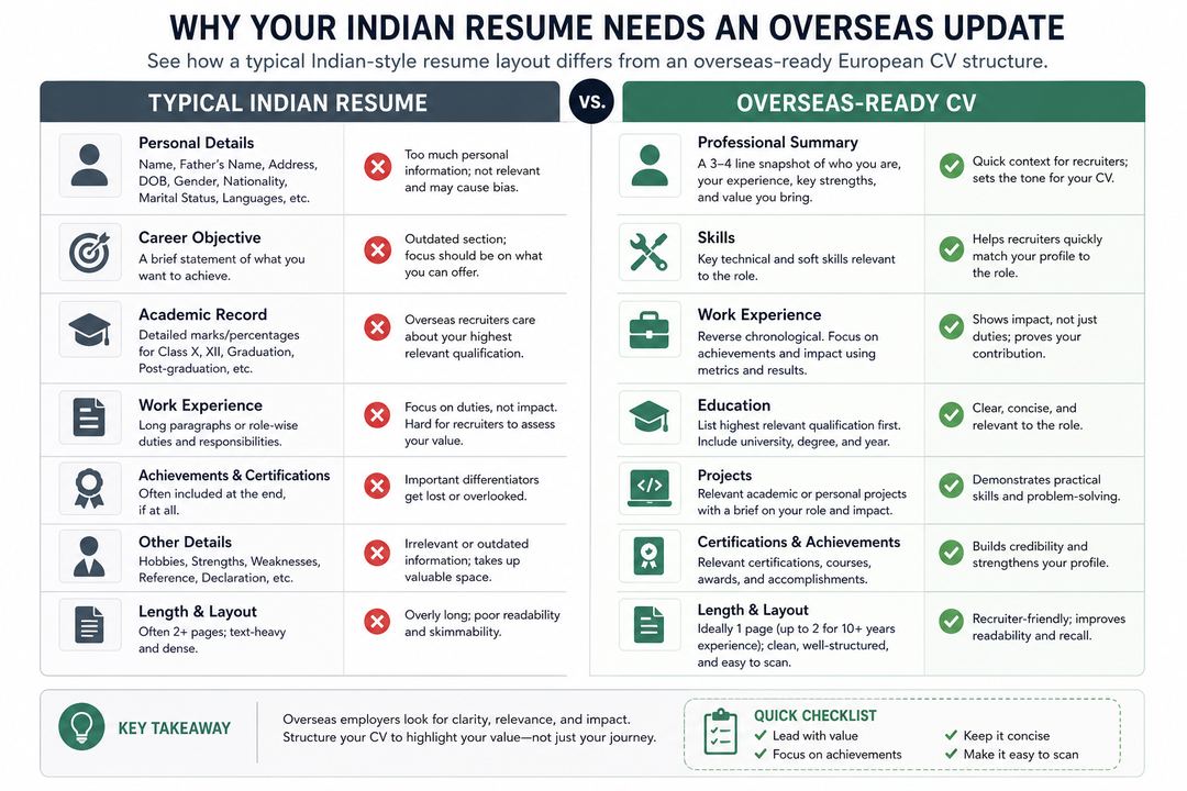 Two-column infographic comparing sections of a typical Indian resume with an overseas-ready European CV.