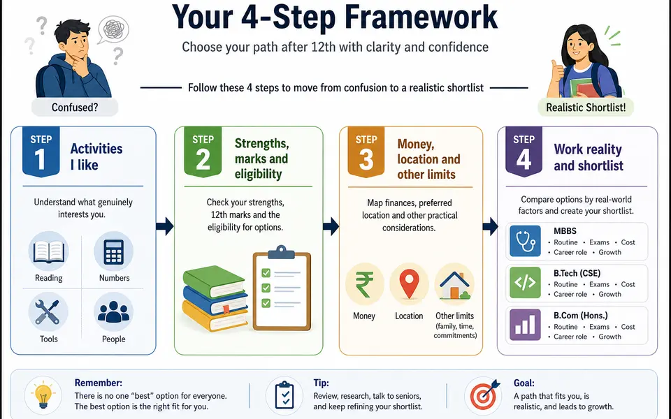Flowchart showing four steps: understand activities you like, check strengths and eligibility, map finances and practical limits, then compare work reality and make a shortlist.