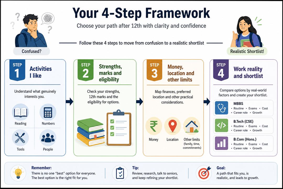 Flowchart showing four steps: understand activities you like, check strengths and eligibility, map finances and practical limits, then compare work reality and make a shortlist.
